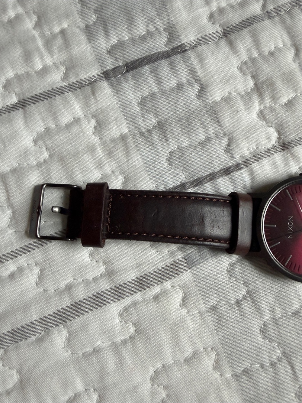 Nixon Red Sunburst Dial Watch with Brown Leather Band - Picture 10 of 11